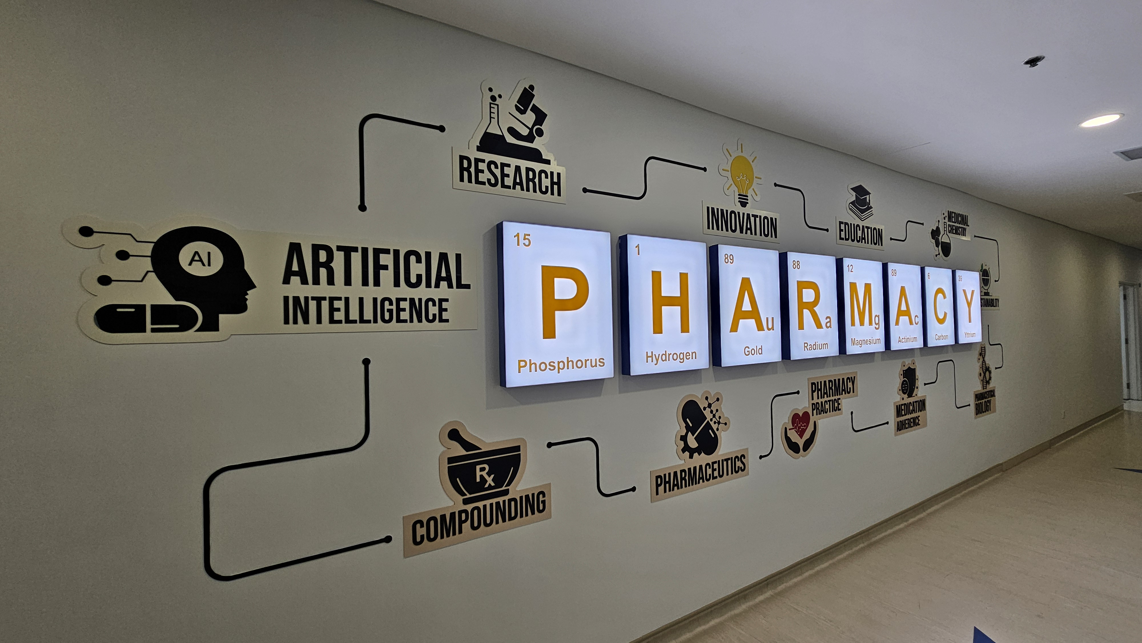 The Monash Pharmacy corridor wall: illuminated periodic-table panels spelling PHARMACY, surrounded by linked discipline markers