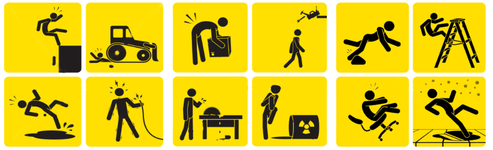 Twelve hazard pictograms: fall from height, struck by machinery, manual handling injury, falling object, trip, fall from ladder, slip on a wet floor, electric shock, cut by a power tool, radiation exposure, fall from a chair, and slip on a spill