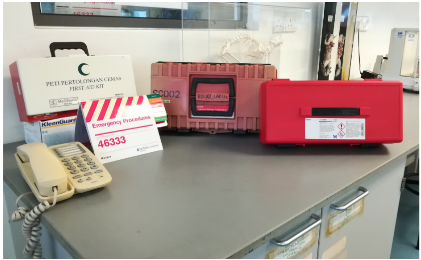 Bench with first aid kit, lab phone showing extension 46333, and chemical and biological spill kits