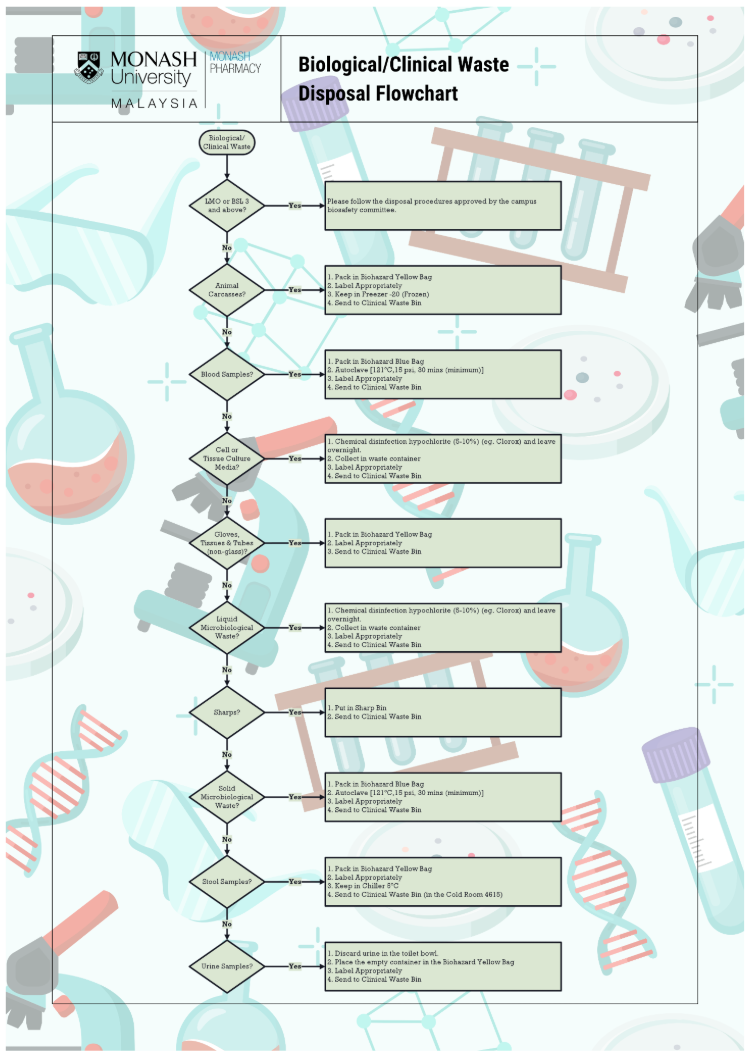 Monash Pharmacy biological and clinical waste disposal flowchart: a series of yes/no questions covering LMO or BSL-3 material, animal carcasses, blood samples, cell or tissue culture media, gloves and tubes, liquid and solid microbiological waste, sharps, stool samples and urine samples, each leading to a bag colour, treatment and bin