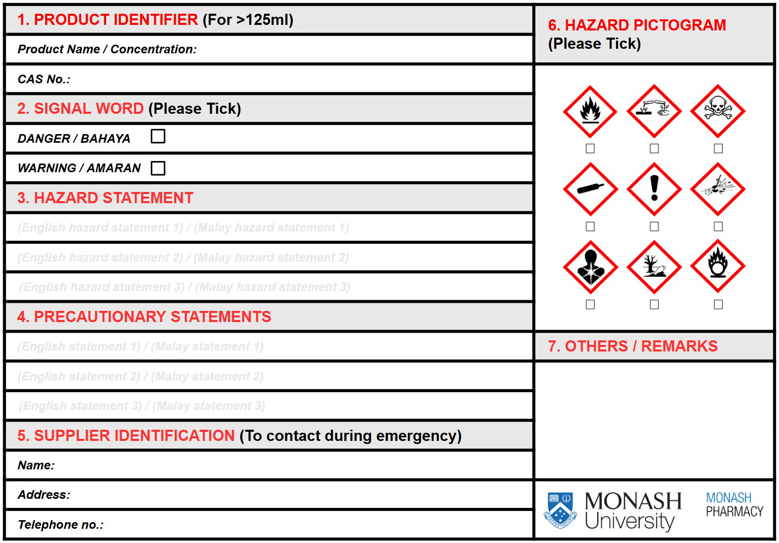 Monash decanted chemical label for containers over 125 millilitres: product identifier with concentration and CAS number, signal word, three hazard statements in English and Malay, three precautionary statements, supplier identification, hazard pictogram tick boxes and remarks