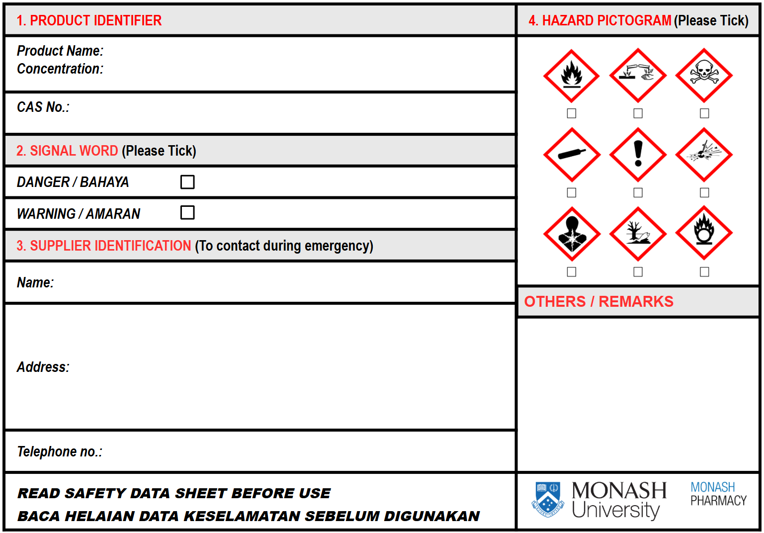 Monash decanted chemical label for containers up to 125 millilitres: product identifier with concentration and CAS number, signal word tick boxes, supplier identification, hazard pictogram tick boxes, remarks, and the instruction to read the safety data sheet before use